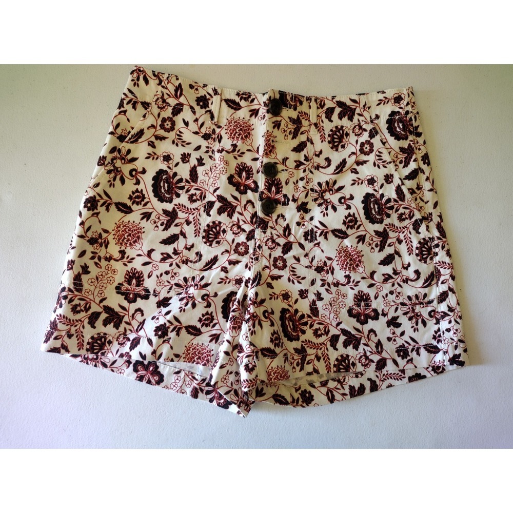 LOFT Floral Print Button Fly High Waisted Shorts Ivory Red Size 0